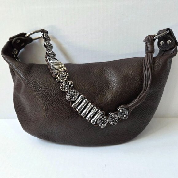 Sundance Purse Brown Pebbled Leather Hobo Metal Strap Accents Boho Shoulder Bag - Picture 1 of 14